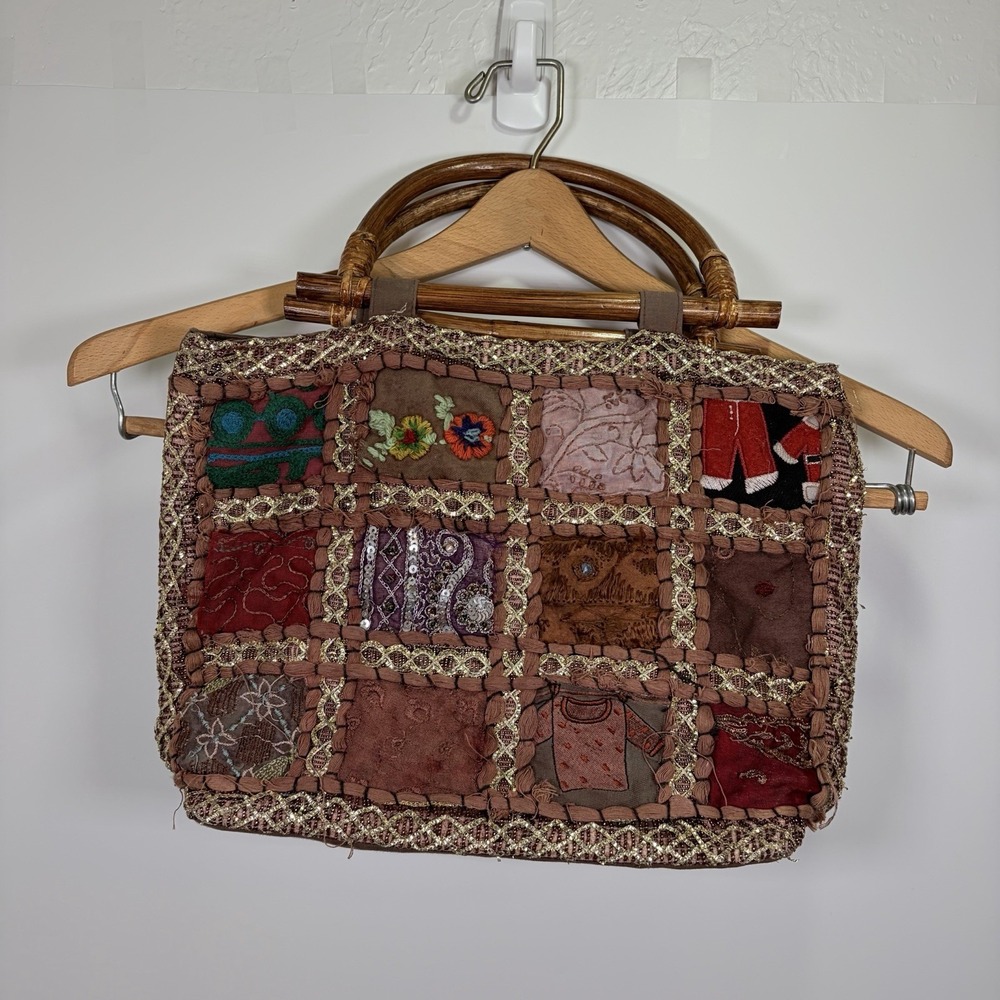 Multicolor Brown Silk & Cotton Patchwork Bamboo H… - image 1